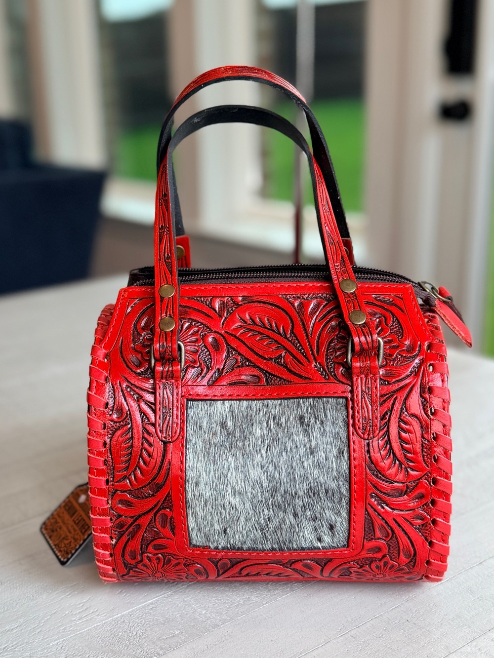 Genuine Leather Cowhide Western Speedy Purse Tooled Floral Red Satchel Bag MINI